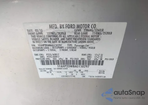 2010 Ford Taurus Se from USA, damaged, VIN 1FAHP2DW8AG150297